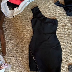 Mistress rocks one shoulder body con dress